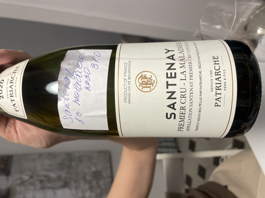 Человек держит бутылку белого вина Santenay 2020 крупным планом в помещении